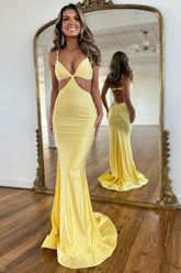 Dreamyannie Yellow Prom Dress Spaghetti Straps Mermaid Hollow Out Satin Formal Dress
