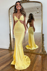 Dreamyannie Yellow Prom Dress Spaghetti Straps Mermaid Hollow Out Satin Formal Dress