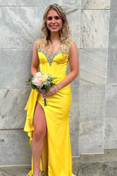 Dreamyannie Yellow Prom Dress Spaghetti Straps Satin Formal Dress With Slit