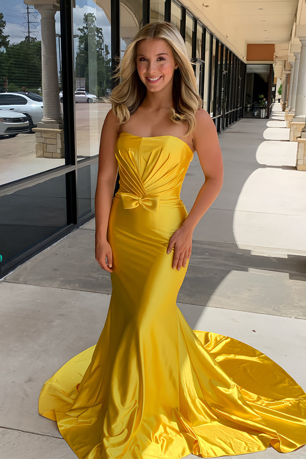 Dreamyannie Yellow Prom Dress Wrap Ruched Corset Mermaid Long Formal Dress