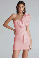 Yellow Satin One Shoulder Short Bodycon Homecoming Dress with Ruffles