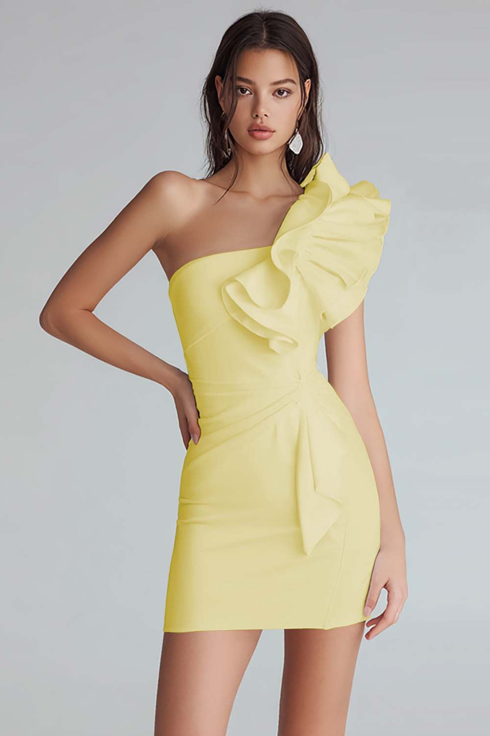 Yellow Satin One Shoulder Short Bodycon Homecoming Dress with Ruffles