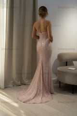 Pink Mermaid Prom Dress Strapless Beaded Formal Dress
