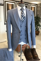 Dusty Blue Peaked Lapel 3 Piece Slim Business Suit