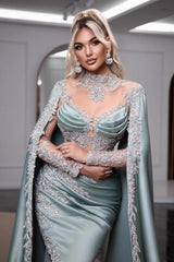 Dusty Blue Prom Dress High Neck Beaded Sleeves Slit Watteau Train Satin Formal Dress With Appliques