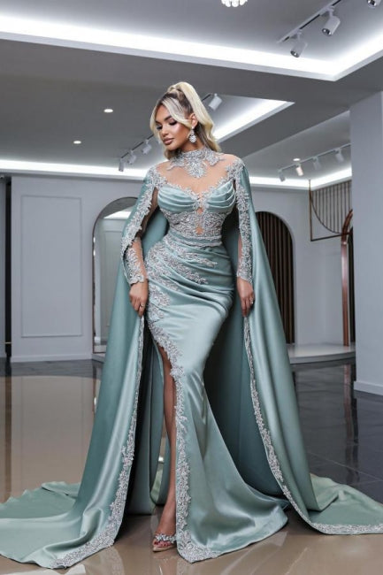 Dusty Blue Prom Dress High Neck Beaded Sleeves Slit Watteau Train Satin Formal Dress With Appliques