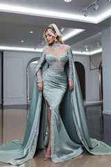 Dusty Blue Prom Dress High Neck Beaded Sleeves Slit Watteau Train Satin Formal Dress With Appliques