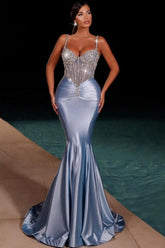 Dusty Blue Prom Dress Mermaid Spaghetti Straps Satin Rhinestones Formal Dress