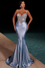 Dusty Blue Prom Dress Mermaid Spaghetti Straps Satin Rhinestones Formal Dress
