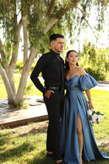 Dusty Blue Sweetheart Off The Shoulder Puff Sleeves Evening Dress with Front Split