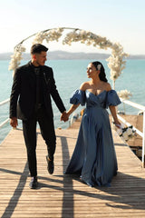 Dusty Blue Sweetheart Off The Shoulder Puff Sleeves Evening Dress with Front Split