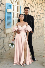 Dusty Blue Sweetheart Off The Shoulder Puff Sleeves Evening Dress with Front Split