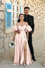 Dusty Blue Sweetheart Off The Shoulder Puff Sleeves Evening Dress with Front Split