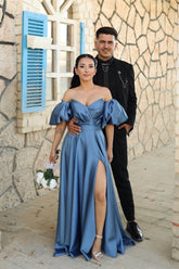 Dusty Blue Sweetheart Off The Shoulder Puff Sleeves Evening Dress with Front Split
