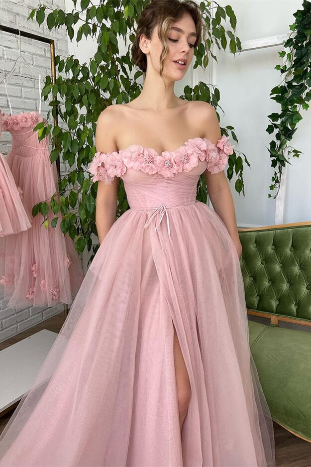 Dusty Pink Off The Shoulder A Line Evening Dress with Strapless Slit and Tulle Appliques