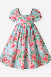 Dusty Rose Floral Puff Sleeve Square Neck Back to School Girl Dress