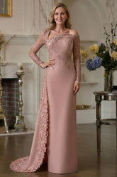Dusty Rose Satin Sheath Mother of the Bride Dress with Asymmetric Neckline