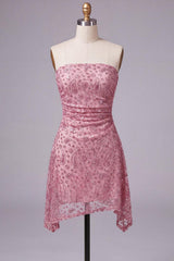 Dusty Rose Sparkly Beaded Ruched Strapless Short Homecoming Dress