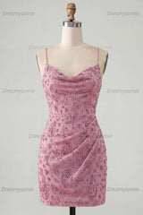 Dusty Rose Sparkly Beaded Ruched Tight Cowl Neck Short Homecoming Dress