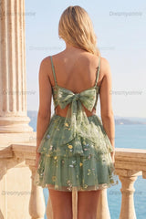 Dusty Sage Floral Corset A-Line Short Homecoming Dress with Ruffles