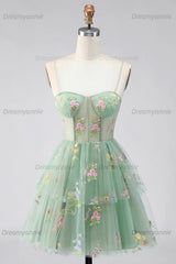 Dusty Sage Floral Corset A-Line Short Homecoming Dress with Ruffles