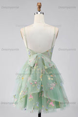 Dusty Sage Floral Corset A-Line Short Homecoming Dress with Ruffles