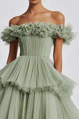 Dusty Sage Formal Dress Tulle Off The Shoulder Ball Gown Wedding Guest Dress With Ruffles