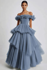 Dusty Sage Formal Dress Tulle Off The Shoulder Ball Gown Wedding Guest Dress With Ruffles