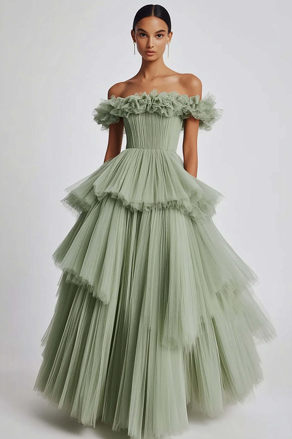 Dusty Sage Formal Dress Tulle Off The Shoulder Ball Gown Wedding Guest Dress With Ruffles