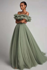 Dusty Sage Prom Dress Tulle A Line Long Formal Dress With Ruffles