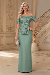 Dusty Sage Satin Sheath Mother of the Bride Dress with Floral Peplum