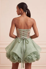 Dusty Sage Sparkly Beaded A Line Corset Short Homecoming Dress with 3D Flowers