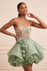 Dusty Sage Sparkly Beaded A Line Corset Short Homecoming Dress with 3D Flowers