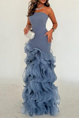 Blue Mermaid Prom Dress Sleeveless Strapless Ruffled Organza Formal Dress
