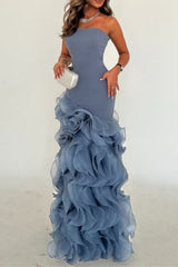 Blue Mermaid Prom Dress Sleeveless Strapless Ruffled Organza Formal Dress