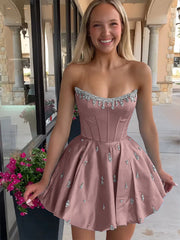 Sparkly Satin A Line Short Corset Homecoming Dress with Rhinestones