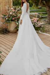 Elastic Satin Wedding Dress Scoop Neck Long Sleeves Court Train