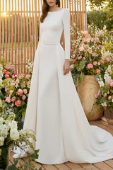 Elastic Satin Wedding Dress Scoop Neck Long Sleeves Court Train