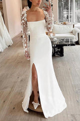 Elastic Satin Wedding Dress With Split Front Long Sleeves Column Square Neckline