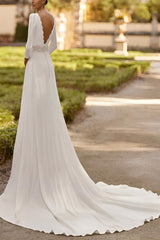 Elastic Satin Wedding Dress with A Line 3/4 Sleeves and Court Train