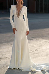 Elastic Satin/Sequined Wedding Dress Trumpet/Mermaid V Neck with Long Sleeves