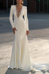 Elastic Satin/Sequined Wedding Dress Trumpet/Mermaid V Neck with Long Sleeves