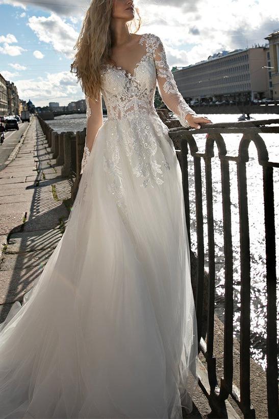 Elegant A Line Illusion Neck Long Sleeves Sweep Train Lace/Tulle Wedding Dress