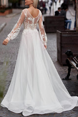 Elegant A Line Long Sleeves Sweep Train Lace Tulle Wedding Dress
