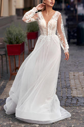 Elegant A Line Long Sleeves Sweep Train Lace Tulle Wedding Dress