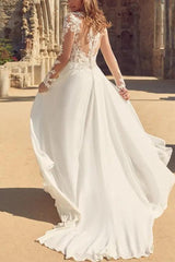 Elegant A Line V neck Wedding Dress With Long Sleeves and Split Front