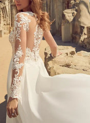 Elegant A Line V neck Wedding Dress With Long Sleeves and Split Front
