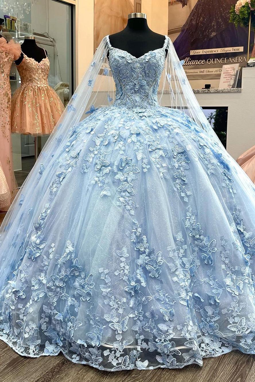 Elegant Ball Gown Off Shoulder 3D Butterfly Lace Appliqued Sky Blue Tulle Quinceanera Dress Princess Cocktail Party Gown Sweet 16