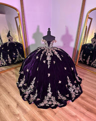 Elegant Ball Gown Off Shoulder Beaded Gold Flowers Butterfly Appliques Dark Purple Velvet Quinceanera Dress For Sweet 16