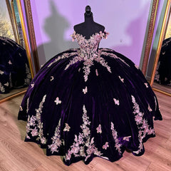 Elegant Ball Gown Off Shoulder Beaded Gold Flowers Butterfly Appliques Dark Purple Velvet Quinceanera Dress For Sweet 16